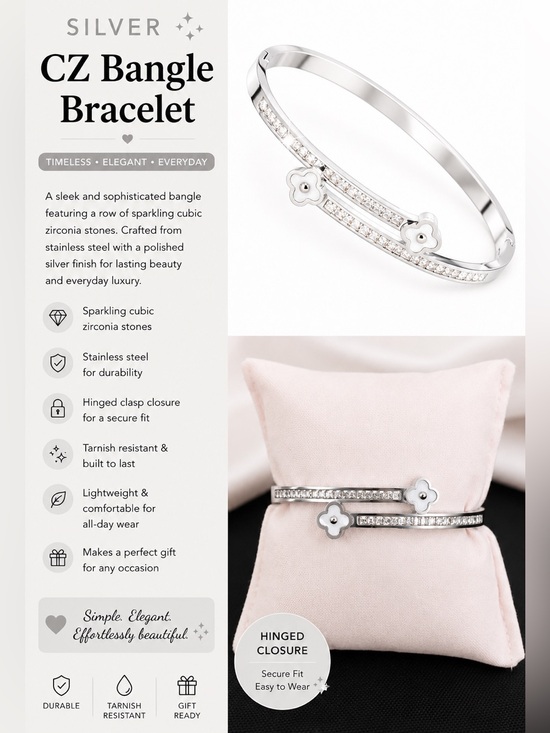 Unbranded Jewelry - Silver Stainless Steel CZ Clover Bangle Bracelet with Hinged Cuff - NEW